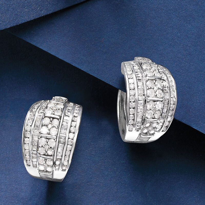 3.00 ct. t.w. Round and Baguette Diamond Hoop Earrings in Sterling Silver. 3/4&quot; image number 4
