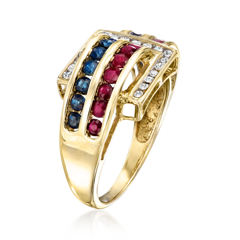 C. 1990 Vintage .55 ct. t.w. Ruby, .55 ct. t.w. Sapphire and .15 ct. t.w. Diamond Buckle Ring in 14kt Yellow Gold. Size 5 image number 2