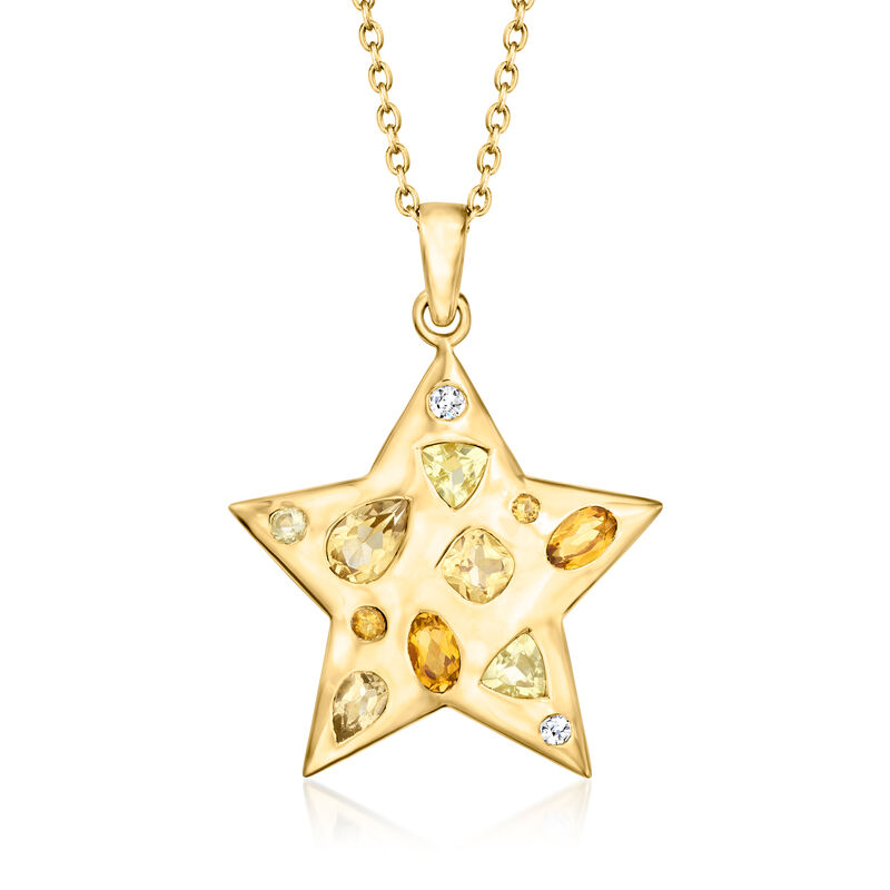 1.25 ct. t.w. Citrine and .45 ct. t.w. Lemon Quartz Star Pendant Necklace with Lab-Grown Diamonds in 18kt Gold Over Sterling. 18&quot; image number 1