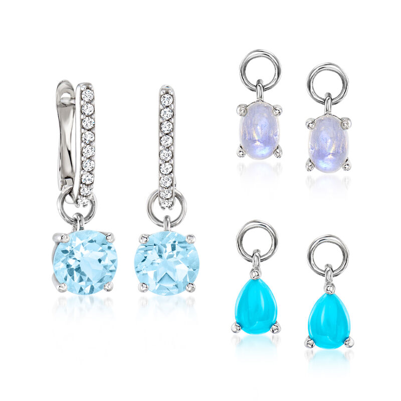 Multi-Gemstone Jewelry Set: Hoop Earrings with Three Pairs of Interchangeable Drops in Sterling Silver. 7/8&quot; image number 0