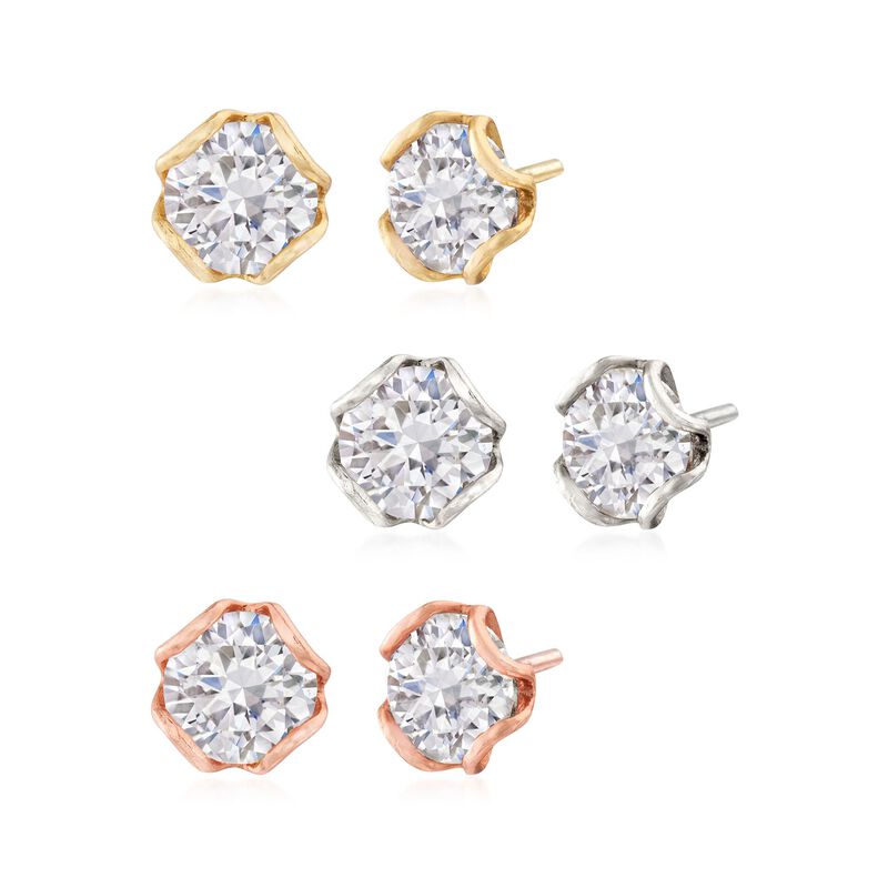12.00 ct. t.w. CZ Jewelry Set: Three Pairs of Stud Earrings in Tri-Colored Sterling Silver image number 2