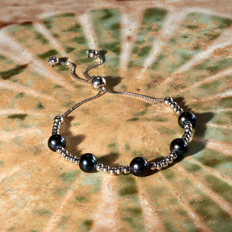 7-7.5mm Black Cultured Pearl and Sterling Silver Bead Station Bolo Bracelet  image number 3