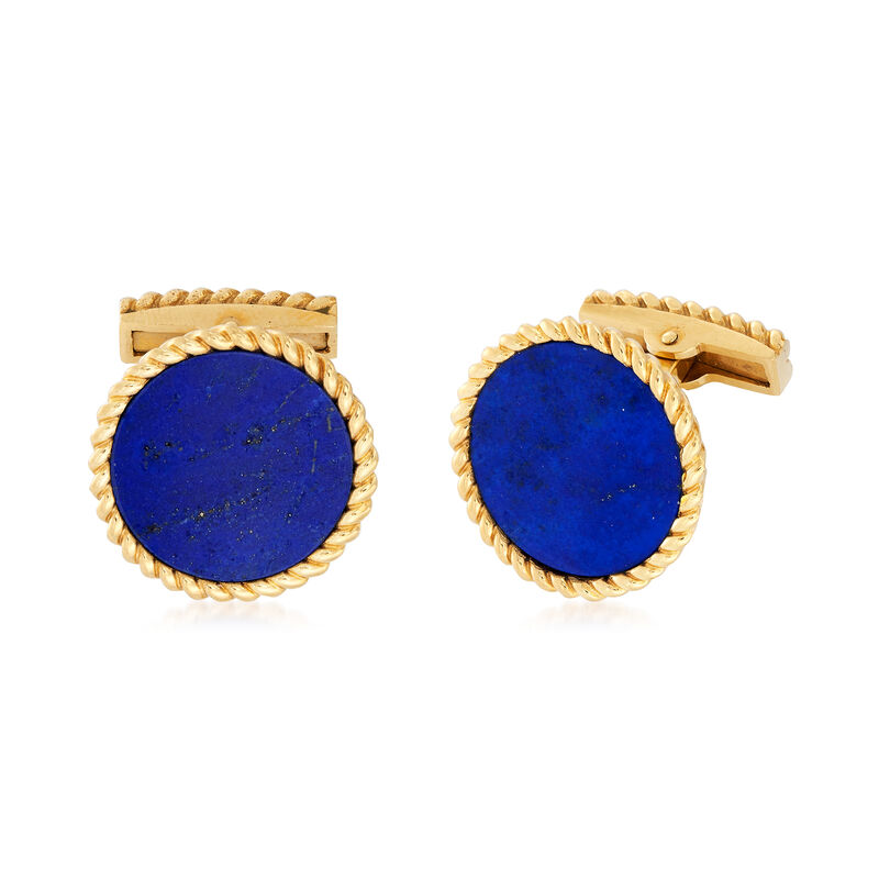 C. 1980 Vintage Round Lapis Cuff Links in 14kt Yellow Gold image number 0