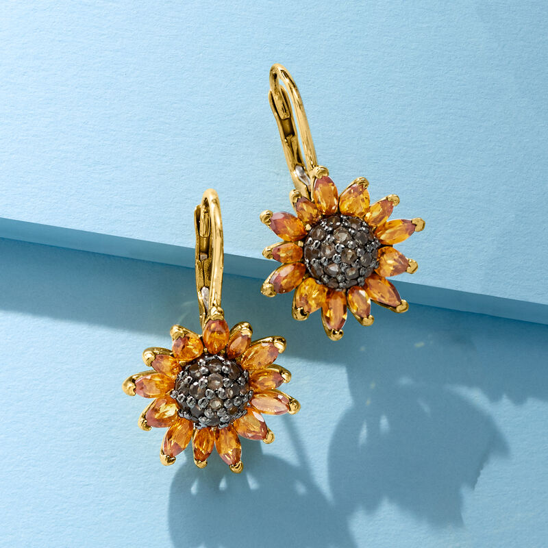 3.50 ct. t.w. Citrine and .80 ct. t.w. Smoky Quartz Sunflower Drop Earrings in 18kt Gold Over Sterling image number 4