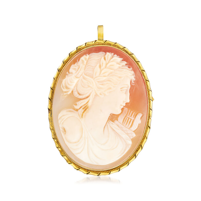 C. 1960 Vintage Pink Shell Woman with Harp Cameo Pin/Pendant in 18kt Yellow Gold image number 0