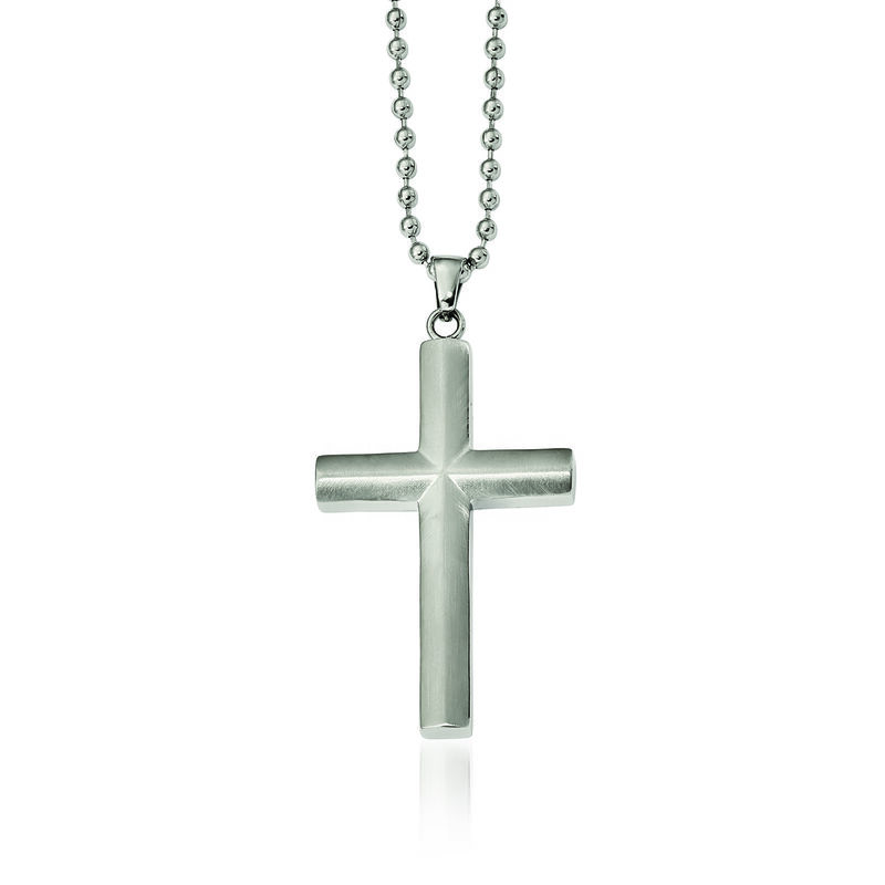 Men's Stainless Steel Beveled Cross Pendant Necklace. 22&quot; image number 0