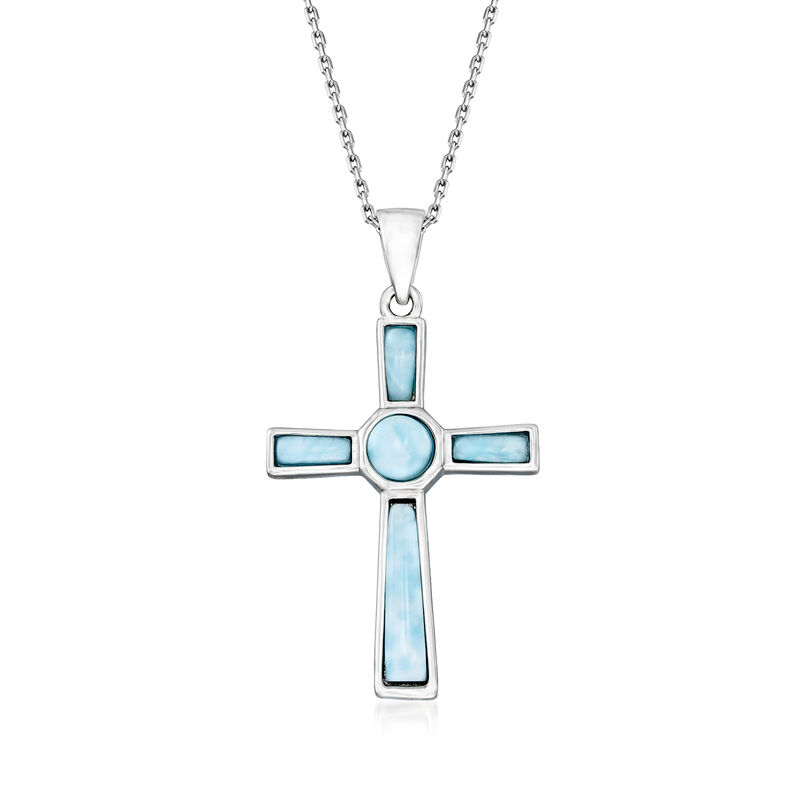 Larimar Cross Pendant Necklace in Sterling Silver. 18&quot; image number 1