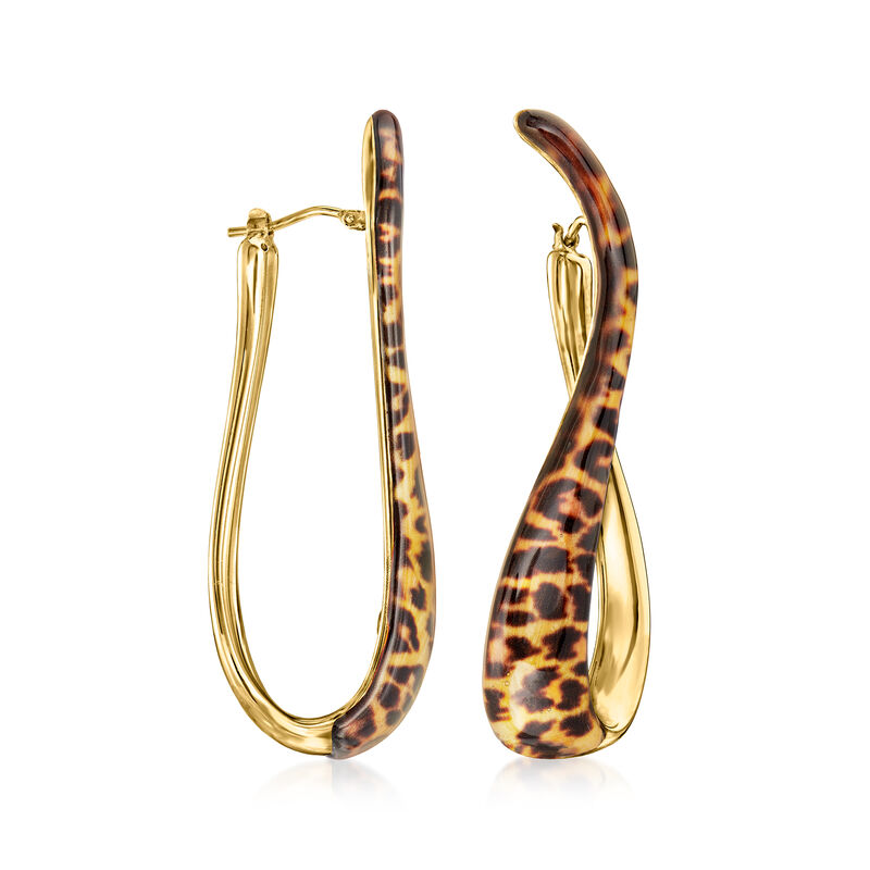 Italian Leopard-Print Enamel Twisted Hoop Earrings in 18kt Gold Over Sterling. 2&quot; image number 0