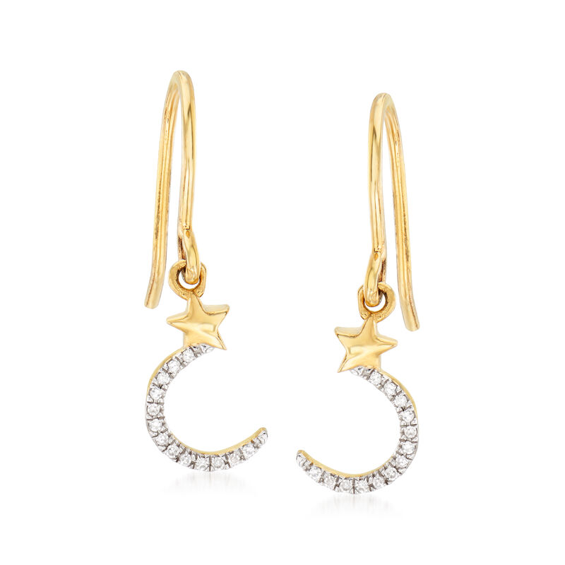 Moon and Star Drop Earrings with Diamond Accents in 14kt Yellow Gold image number 0