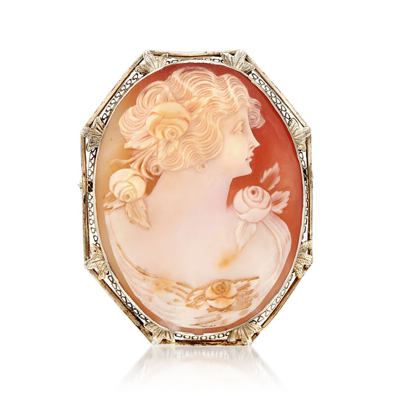 C. 1950 Vintage Pink Shell Cameo Pin/Pendant in 14kt White Gold image number 2