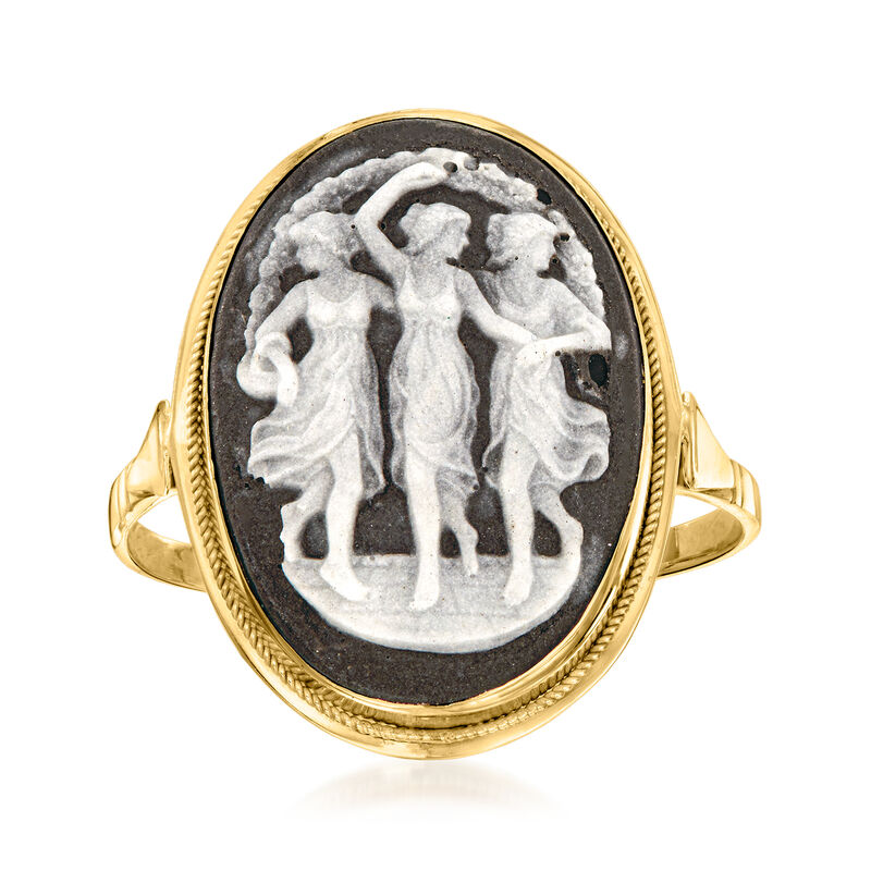 C. 1980 Vintage Black Agate the Three Graces Cameo Ring in 10kt Yellow Gold image number 0