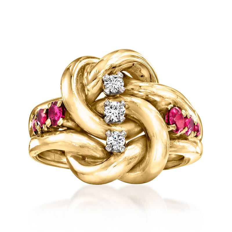 C. 1980 Vintage .50 ct. t.w. Ruby and .15 ct. t.w. Diamond Knot Ring in 14kt Yellow Gold. Size 5 image number 0