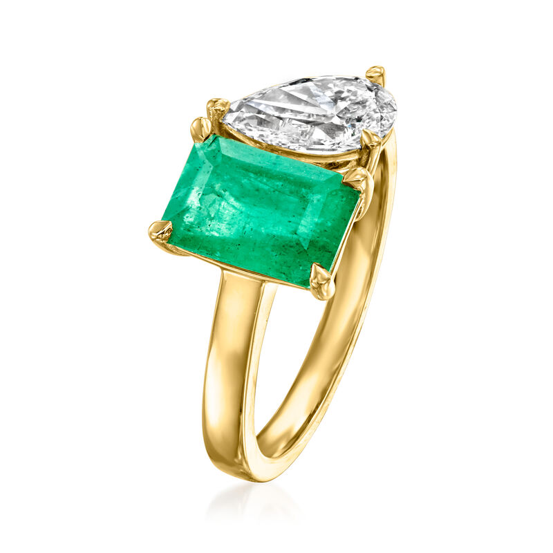 1.70 Carat Emerald and 1.00 Carat Pear-Shaped Lab-Grown Diamond Toi et Moi Ring in 14kt Yellow Gold. Size 7 image number 2