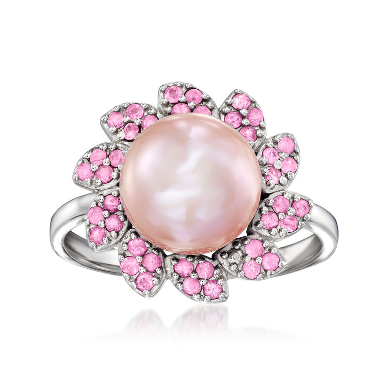 9-10mm Pink Cultured Pearl Flower Ring with .40 ct. t.w. Pink Sapphires in Sterling Silver image number 0