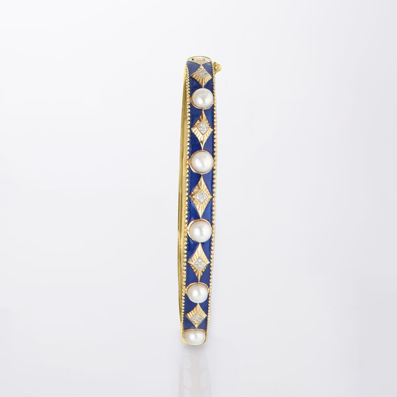 4.5-5mm Cultured Pearl Bangle Bracelet with Diamonds and Blue Enamel in 18kt Gold Over Sterling image number 2