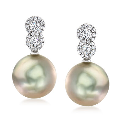 10-10.5mm Black Cultured Tahitian Pearl Drop Earrings with .33 ct. t.w. Diamonds in 14kt White Gold