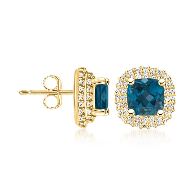 2.50 ct. t.w. London Blue Topaz Earrings with .44 ct. t.w. Diamonds in 14kt Yellow Gold  image number 1