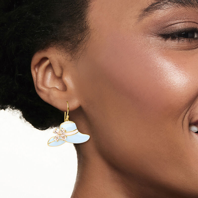 2.00 ct. t.w. White Topaz Sun Hat Drop Earrings with Blue and White Enamel in 18kt Gold Over Sterling  image number 1