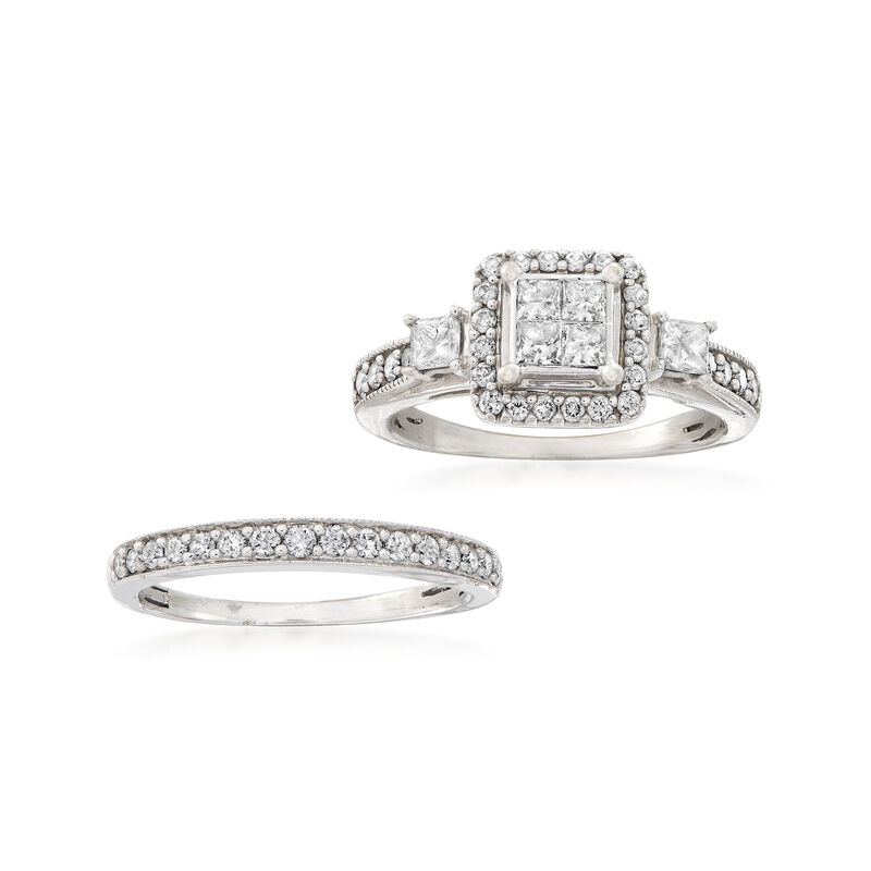 C. 1990 Vintage .90 ct. t.w. Diamond Bridal Set: Engagement and Wedding Rings in 10kt White Gold image number 3