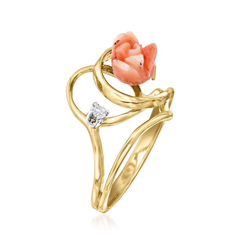 C. 1960 Vintage Orange Coral Flower Ring with Single Diamond in 14kt Yellow Gold. Size 5 image number 2