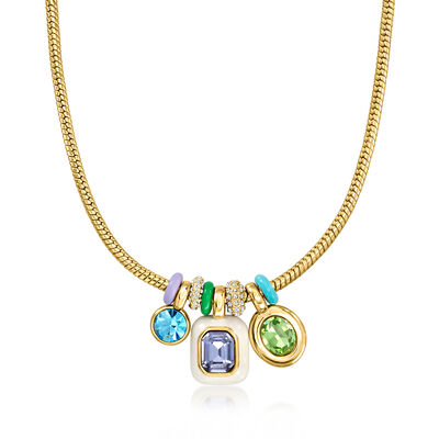 14kt Yellow Gold-Plated Charm Necklace with Enamel and Simulated Multicolored Gemstones