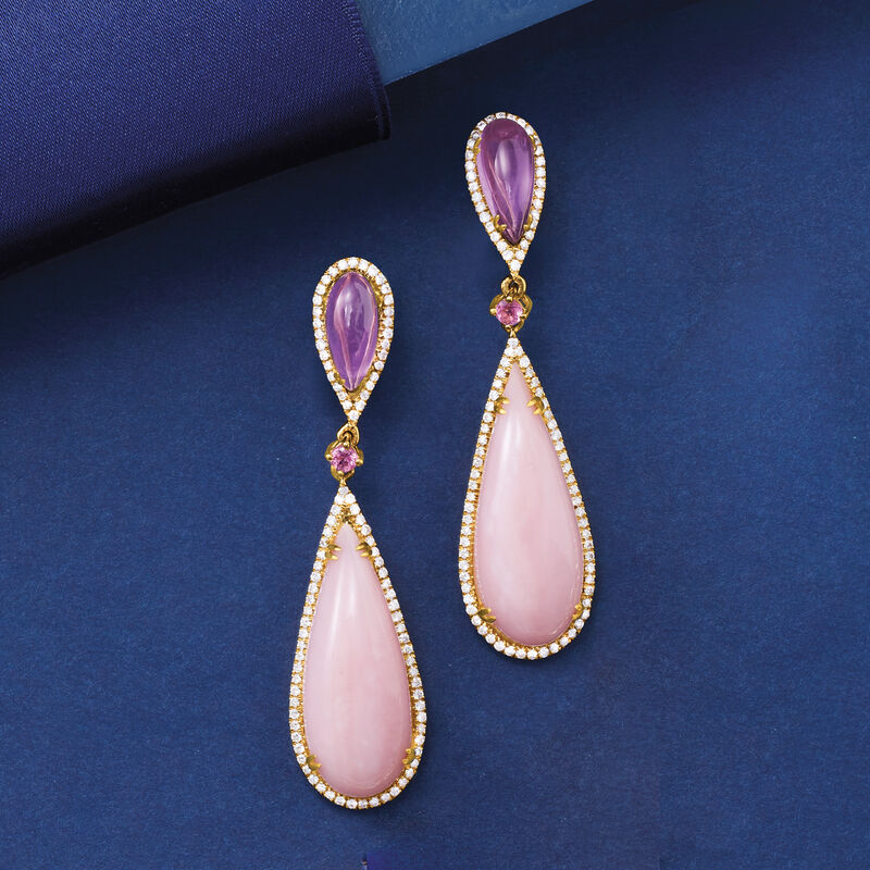 Multi-Gemstone and .66 ct. t.w. Diamond Drop Earrings in 14kt Yellow Gold image number 4