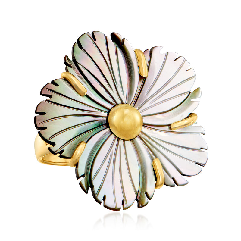 Italian Gray Mother-Of-Pearl Flower Ring in 18kt Gold Over Sterling image number 3