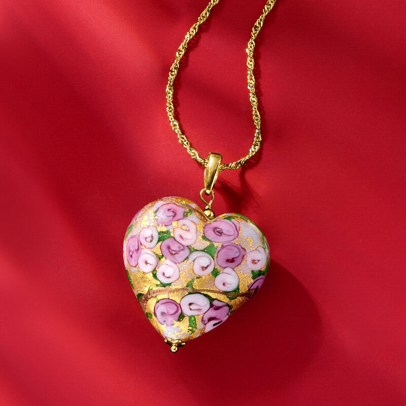 Italian Multicolored Murano Glass Rose Heart Adjustable Pendant Necklace in 18kt Gold Over Sterling image number 3