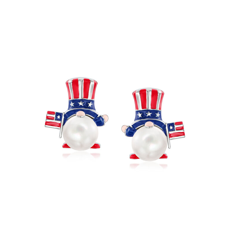 8-8.5mm Cultured Pearl and Multicolored Enamel Patriotic Gnome Earrings in Sterling Silver image number 0