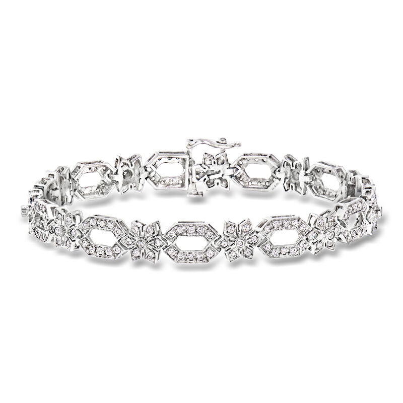 C. 1990 Vintage 2.85 ct. t.w. Diamond Oval and Flower-Link Bracelet in 14kt White Gold. 7.5" image number 0