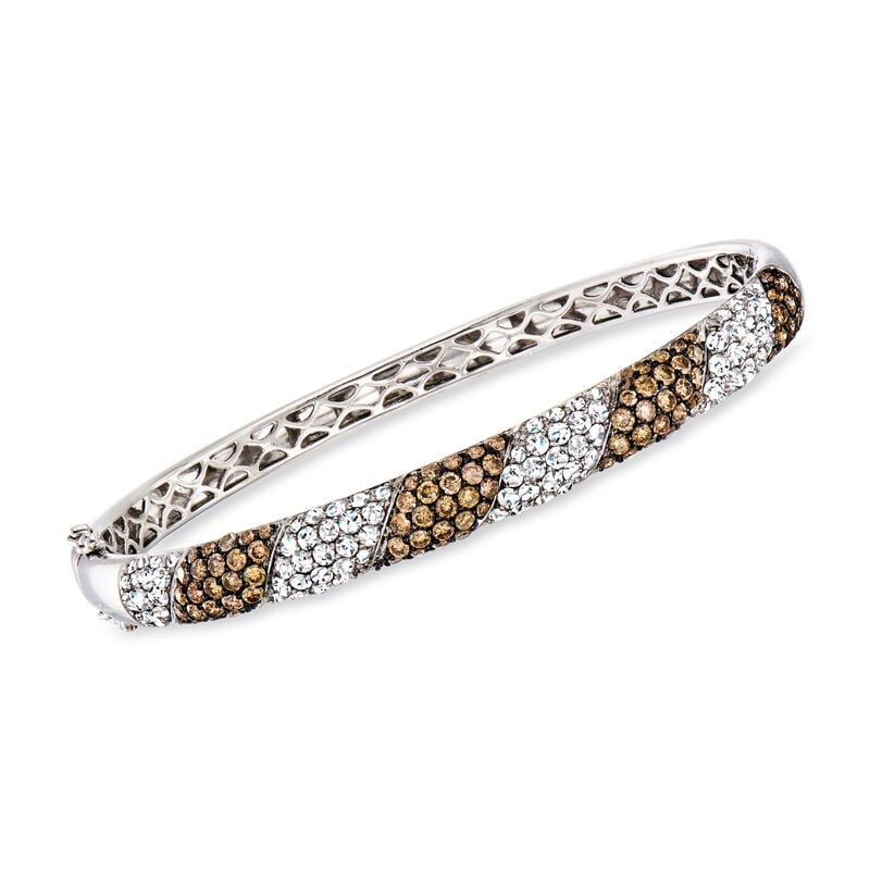 C. 1990 Vintage 4.65 ct. t.w. Brown and White Diamond Striped Bangle Bracelet in 14kt White Gold. 7&quot; image number 0