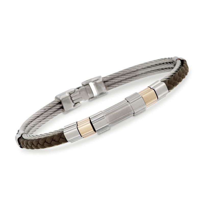 ALOR Men's Brown Leather and Stainless Steel Cable Bracelet With 18kt Yellow Gold image number 0