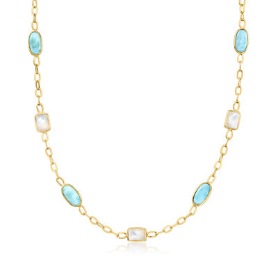 Mother-of-Pearl and Larimar Station Necklace in 18kt Gold Over Sterling