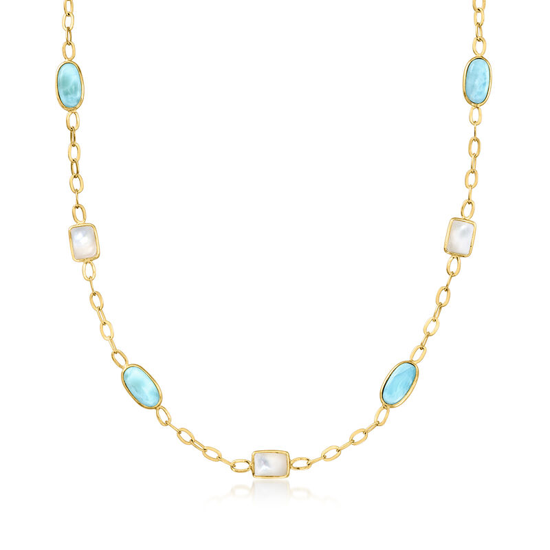 Mother-of-Pearl and Larimar Station Necklace in 18kt Gold Over Sterling. 18" image number 1