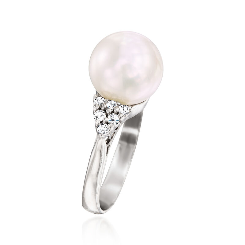 C. 1990 Vintage 10mm Cultured Pearl and .12 ct. t.w. Diamond Ring in 14kt White Gold image number 2