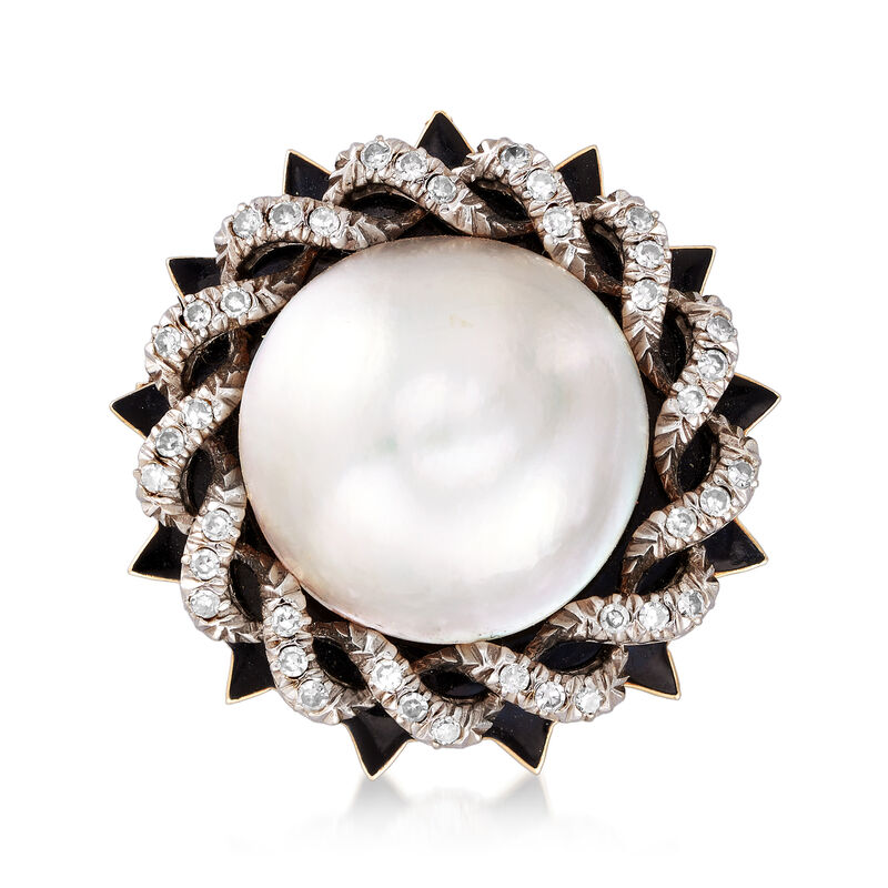 C. 1980 Vintage 21mm Cultured Mabe Pearl and .70 ct. t.w. Diamond Pin/Pendant with Black Enamel in 14kt Two-Tone Gold image number 2