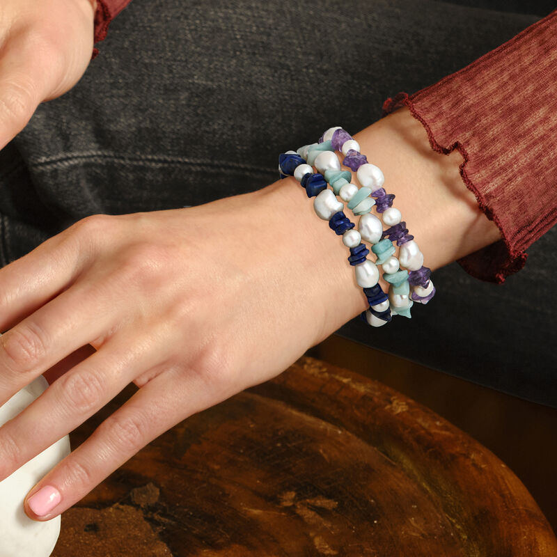 Multi-Gemstone and 6-10mm Cultured Pearl Jewelry Set: Three Stretch Bracelets image number 1