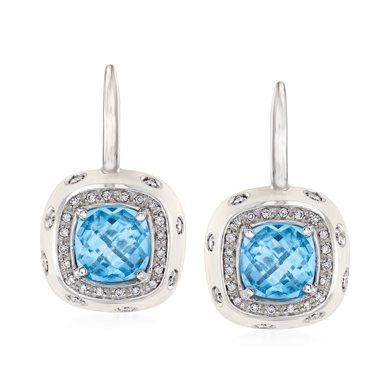 C. 1990 Vintage 4.00 ct. t.w. Sky Blue Topaz and .54 ct. t.w. Diamond Drop Earrings with White Enamel in 18kt White Gold image number 0