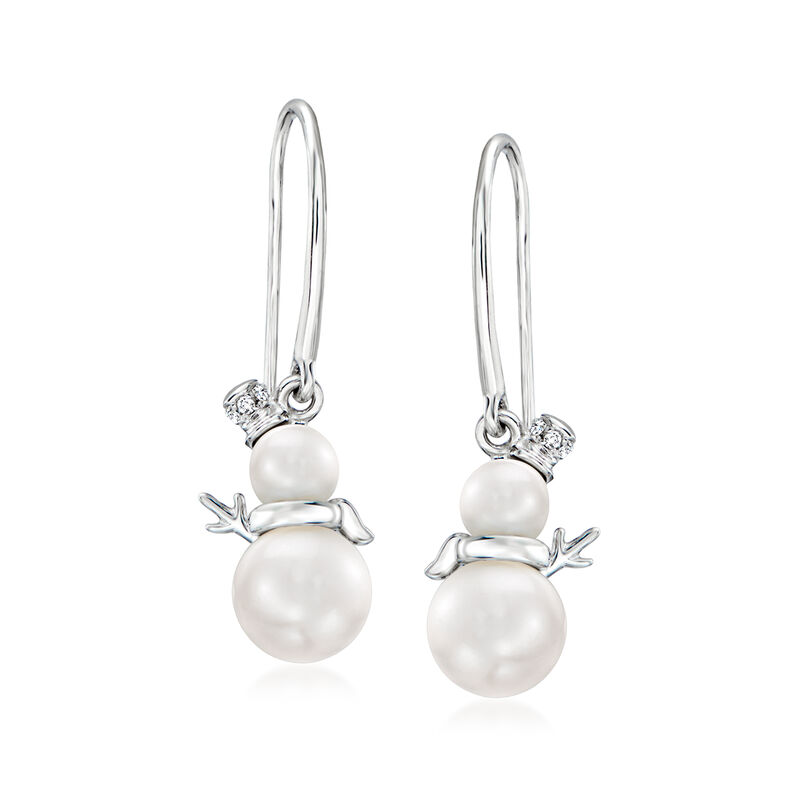 4-6.5mm Cultured Pearl Snowman Drop Earrings with Diamond Accents in Sterling Silver image number 0