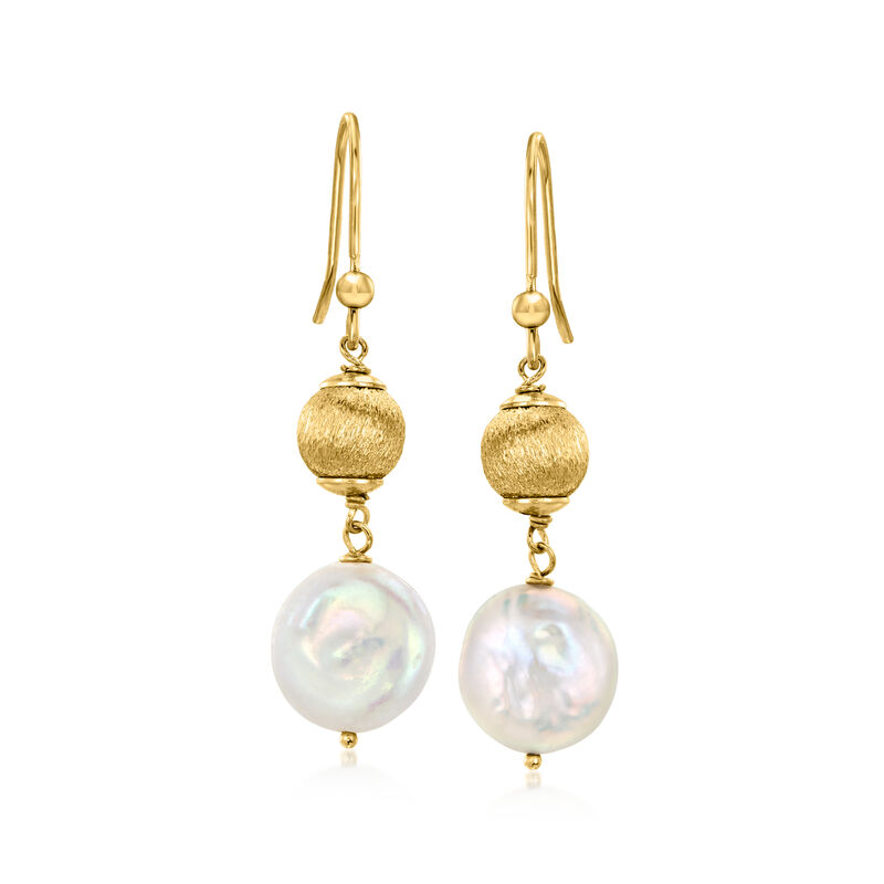 Italian 13-14mm Cultured Coin Pearl Beaded Drop Earrings in 18kt Gold Over Sterling image number 0