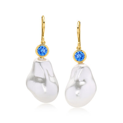 14kt Yellow Gold-Plated Drop Earrings with Simulated Blue Gemstones and Pearls