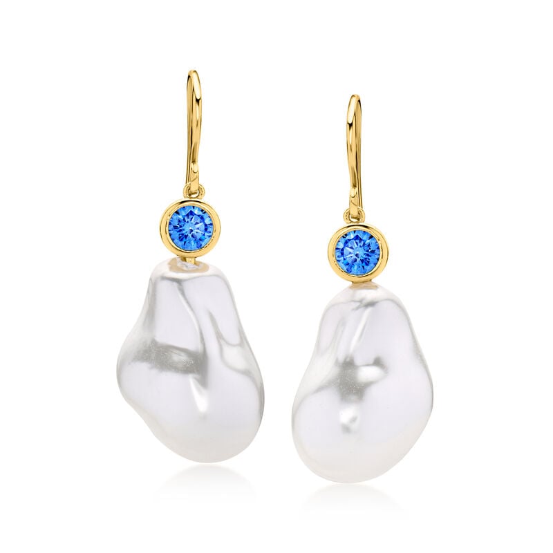 14kt Yellow Gold-Plated Drop Earrings with Simulated Blue Gemstones and Pearls  image number 0
