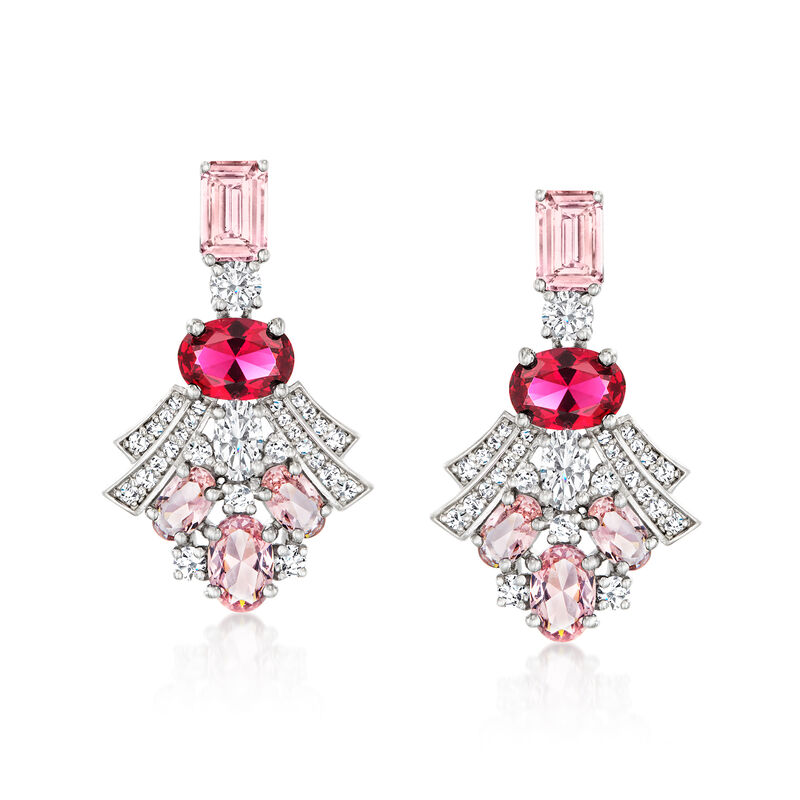 3.10 ct. t.w. Simulated Morganite and 1.50 ct. t.w. Simulated Ruby Drop Earrings with 1.20 ct. t.w. CZs in Sterling Silver  image number 0
