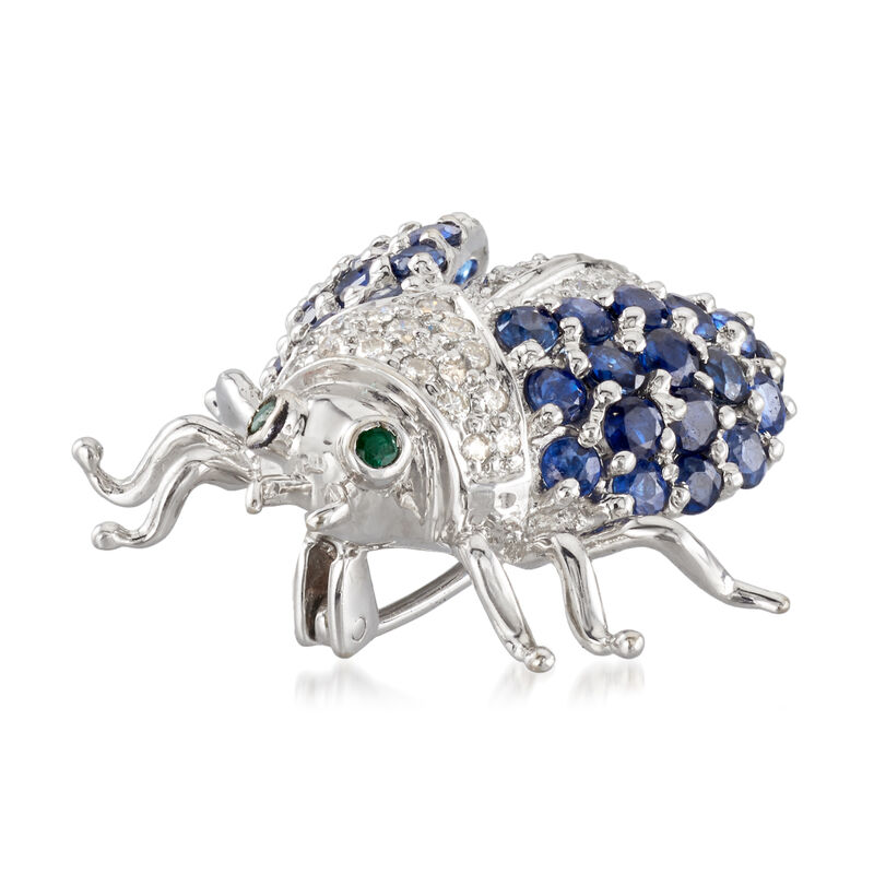 C. 1990 Vintage 1.70 ct. t.w. Sapphire and .35 ct. t.w. Diamond Bug Pin in 18kt White Gold image number 2