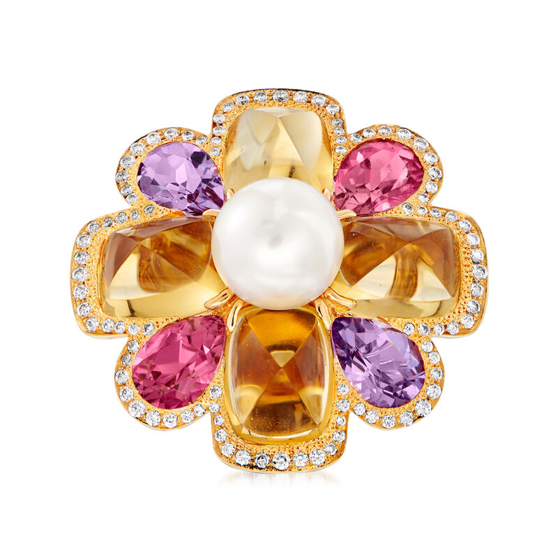 C. 1980 Vintage Chanel Cultured Pearl and 11.20 ct. t.w. Multi-Gemstone Flower Ring with .40 ct. t.w. Diamonds in 18kt Yellow Gold image number 0