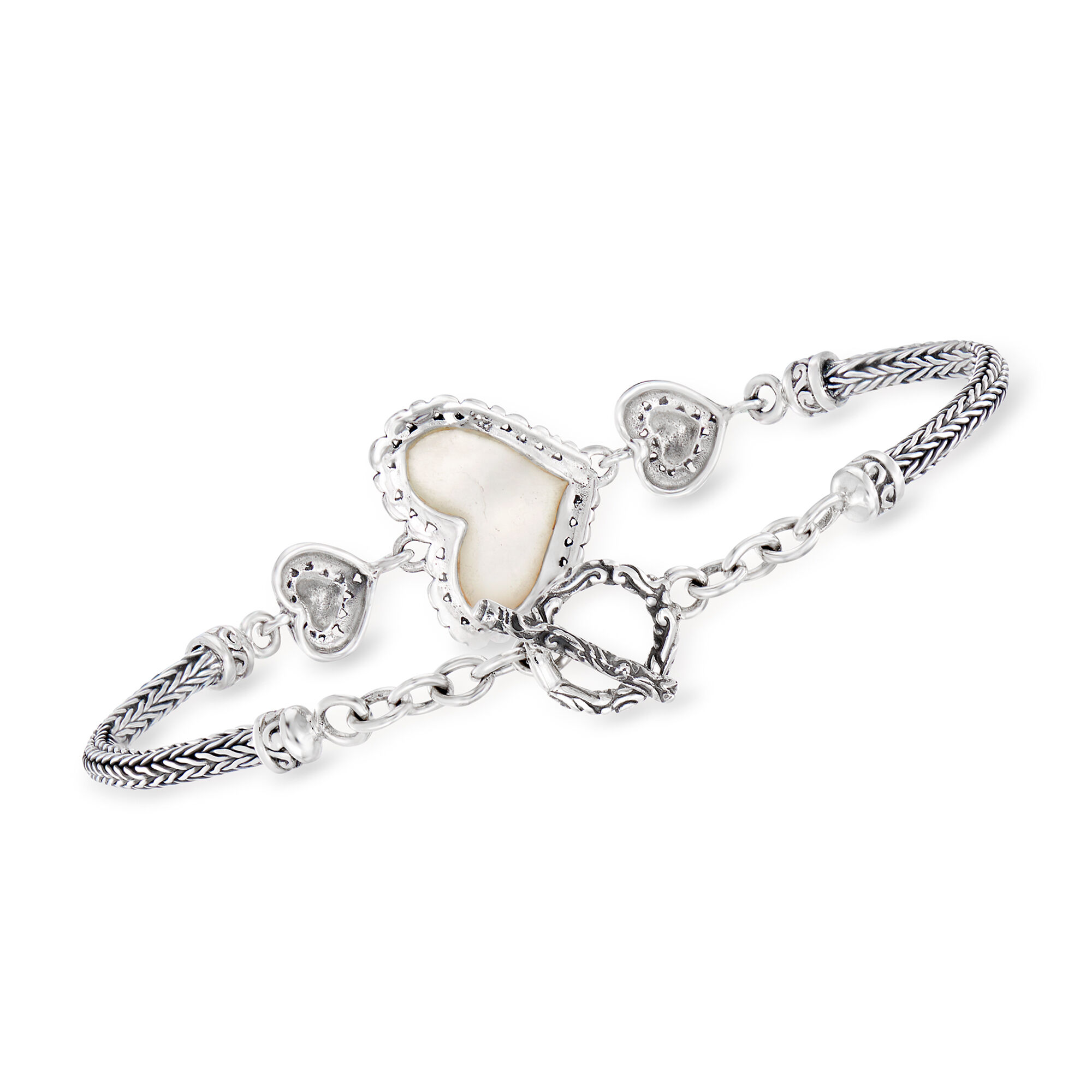 10x15mm Mother-of-Pearl Bali-Style Heart Bracelet in Sterling
