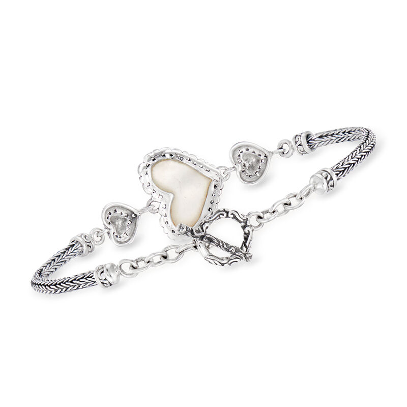 10x15mm Mother-of-Pearl Bali-Style Heart Bracelet in Sterling Silver image number 2