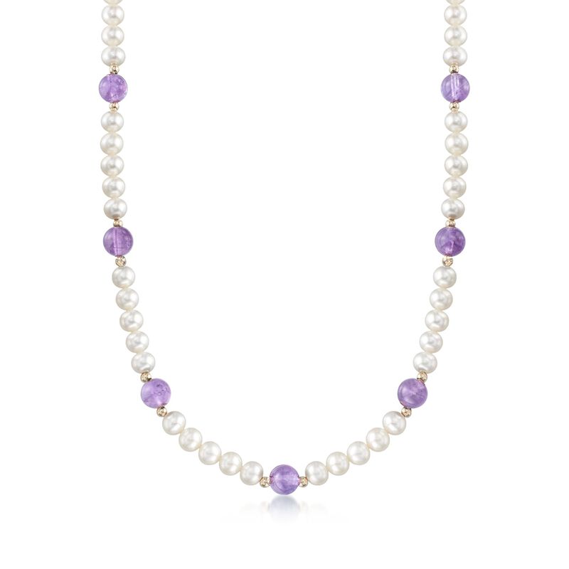 6.5-7mm Cultured Pearl and 30.00 ct. t.w. Amethyst Bead Necklace with 14kt Yellow Gold. 18&quot; image number 1