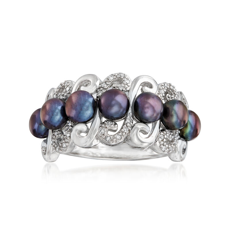 4.5-5mm Black Cultured Pearl and .10 ct. t.w. Diamond Ring in Sterling Silver image number 0