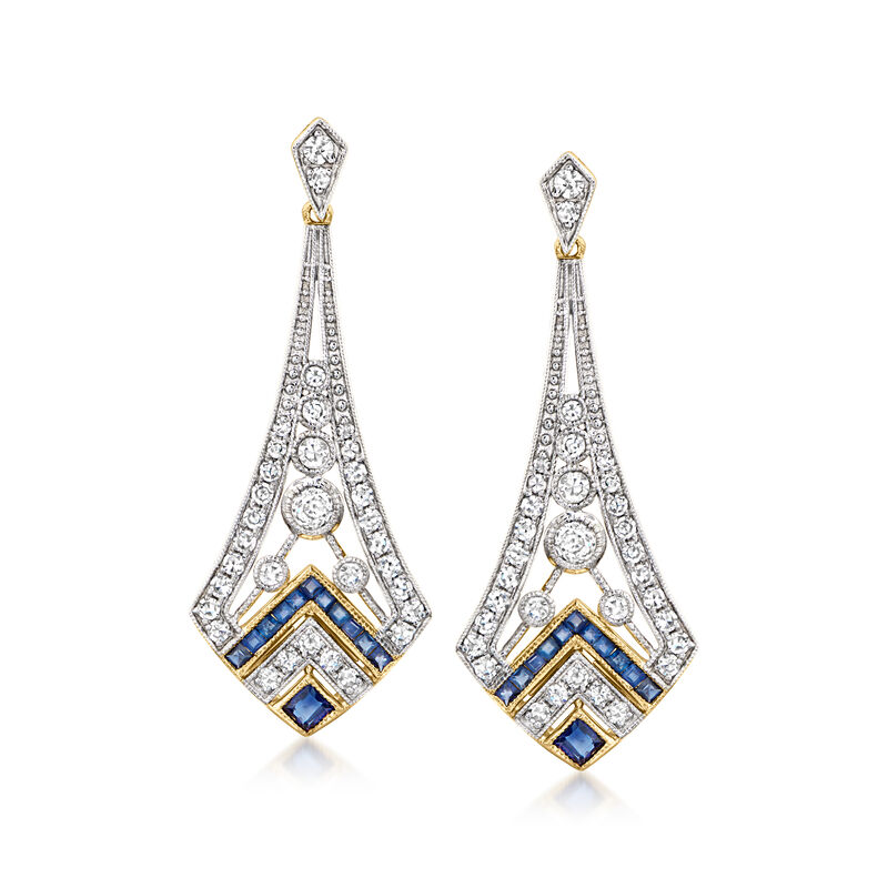 C. 1990 Vintage 1.32 ct. t.w. Diamond and .73 ct. t.w. Sapphire Drop Earrings in 14kt Yellow Gold  image number 0
